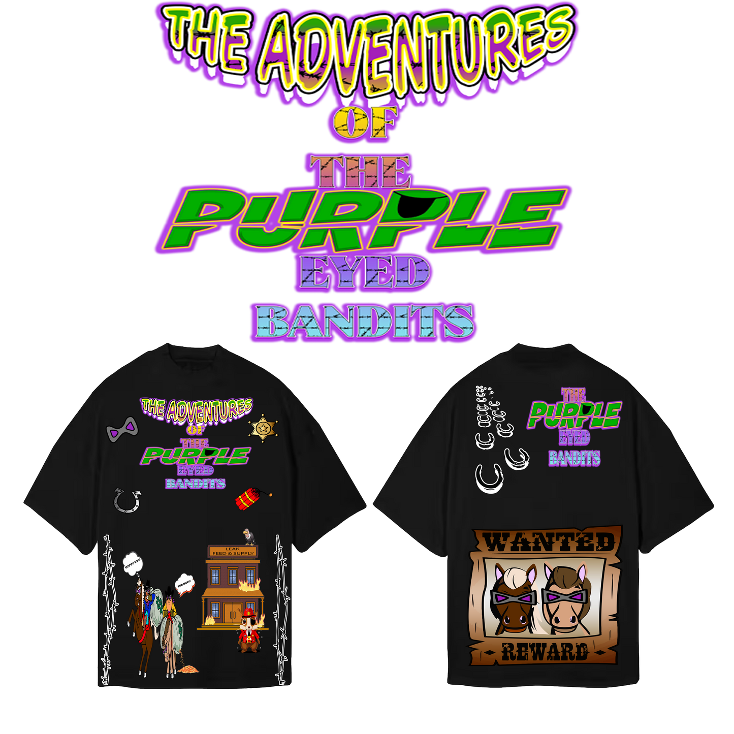 LEAK BLK THE ADVENTURES OF THE PURPLE EYED BANDITS DROP SHOULDER T-SHIRT