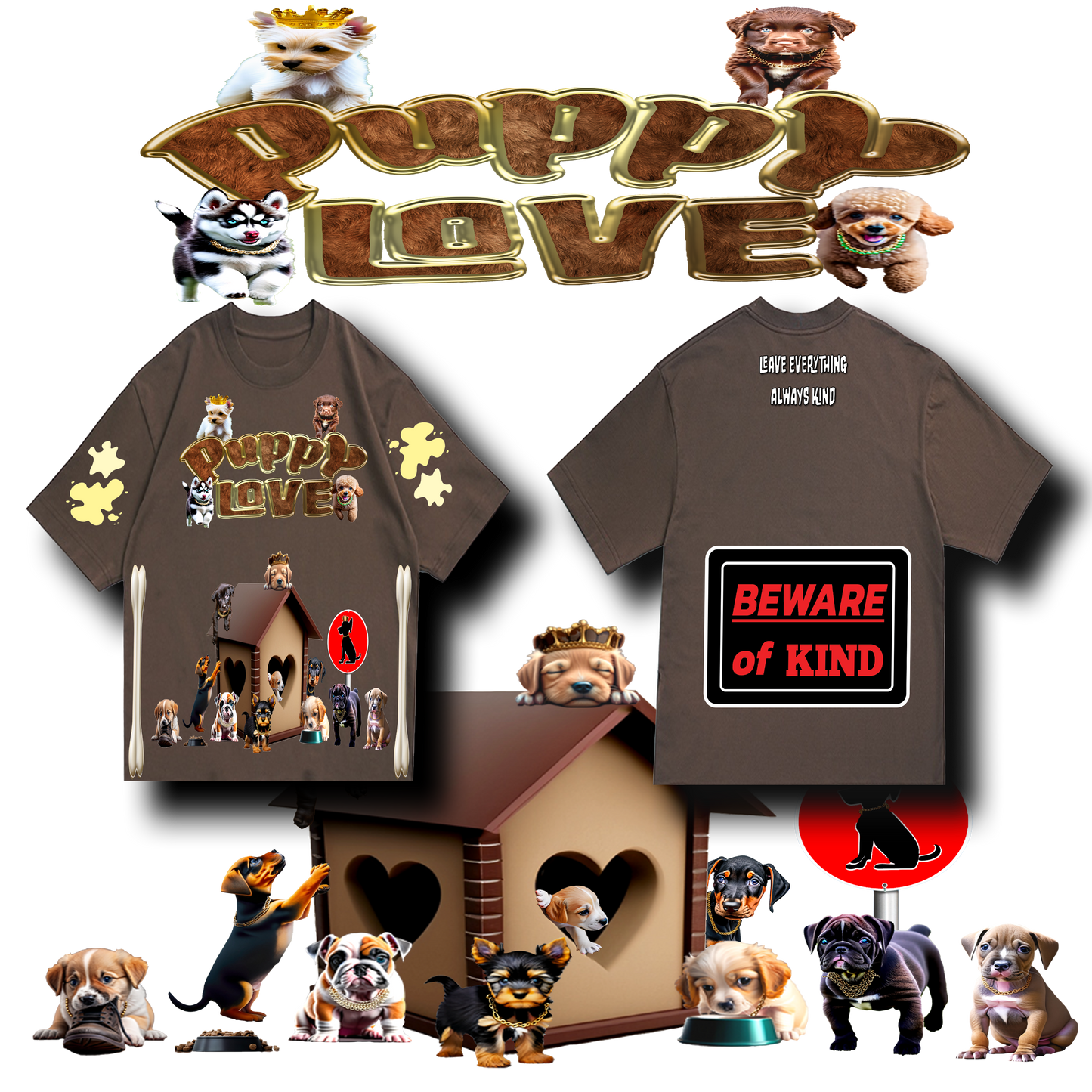 LEAK BROWN PUPPY LOVE/ BEWARE OF KIND DROP SHOULDER T-SHIRT