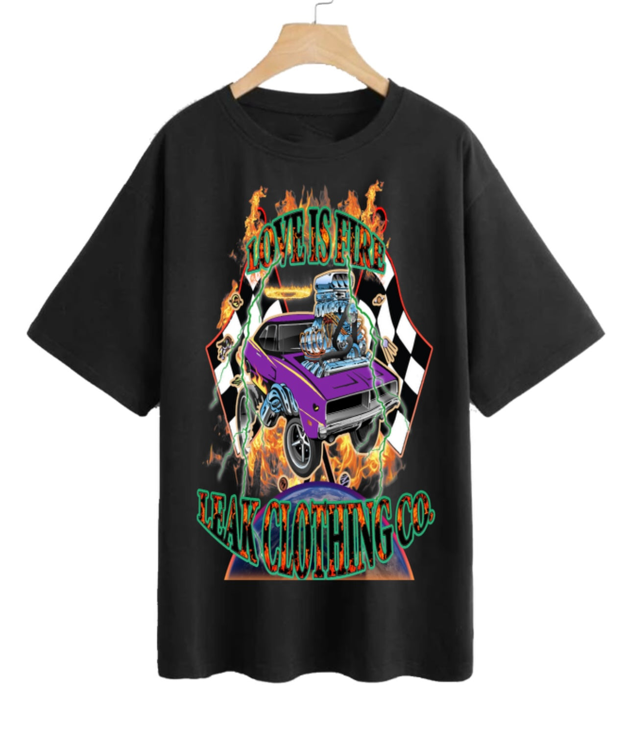 BLK LEAK LOVE IS FIRE GARMENT DYED DROP SHOULDER T-SHIRT