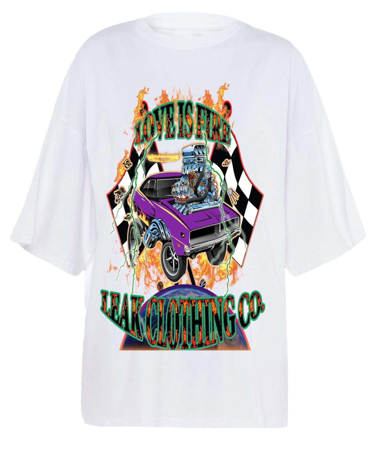 WHITE LEAK LOVE IS FIRE GARMENT DYED DROP SHOULDER T-SHIRT