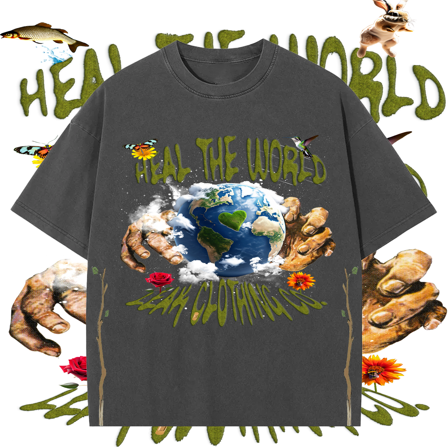 GREY LEAK HEAL THE WORLD DROP SHOULDER CROP T-SHIRT